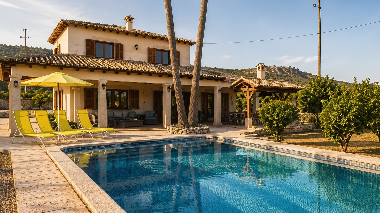 Finca Bloom pool with palms and the chalet in the background